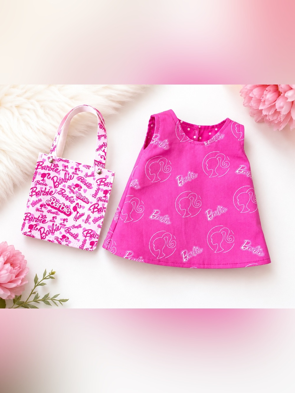 Barbie Bright Pink Printed Doll  Dress for 18” Doll with Matching Logo Tote
